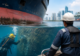 Underwater diver performing hull cleaning on a large commercial vessel in Singapore port while a marine engineer supervises maintenance operations above water.