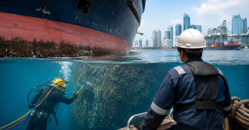 Underwater diver performing hull cleaning on a large commercial vessel in Singapore port while a marine engineer supervises maintenance operations above water.