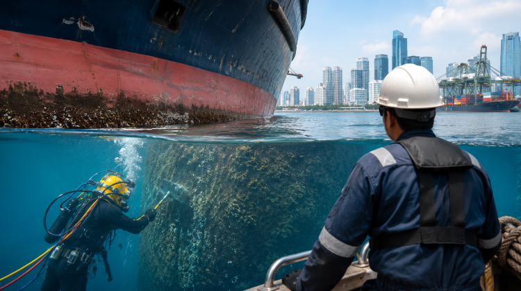 Underwater diver performing hull cleaning on a large commercial vessel in Singapore port while a marine engineer supervises maintenance operations above water.