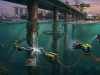 Marine Jetty piles inspection cleaning using advanced underwater robotic maintenance solutions at Singapore port infrastructure.