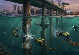 Marine Jetty piles inspection cleaning using advanced underwater robotic maintenance solutions at Singapore port infrastructure.