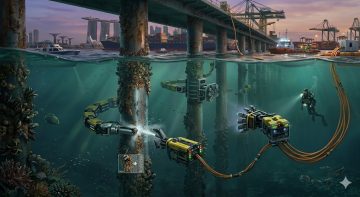 Marine Jetty piles inspection cleaning using advanced underwater robotic maintenance solutions at Singapore port infrastructure.