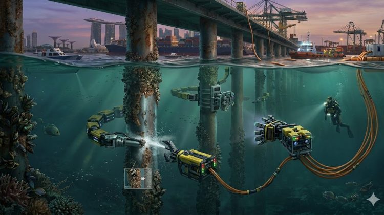 Marine Jetty piles inspection cleaning using advanced underwater robotic maintenance solutions at Singapore port infrastructure.