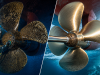 Underwater diver performing propeller polishing on a ship propeller before and after cleaning to improve vessel efficiency and marine performance.