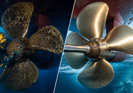 Underwater diver performing propeller polishing on a ship propeller before and after cleaning to improve vessel efficiency and marine performance.