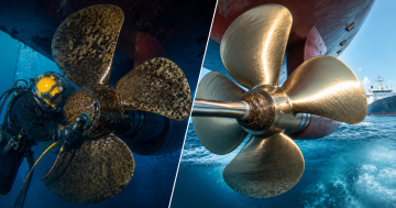 Underwater diver performing propeller polishing on a ship propeller before and after cleaning to improve vessel efficiency and marine performance.