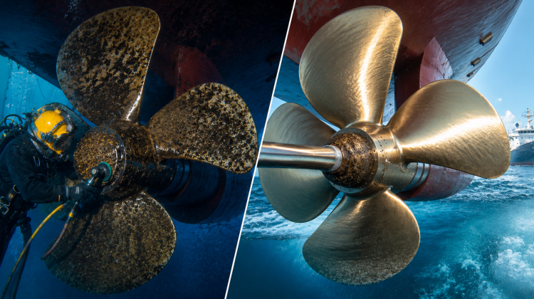 Underwater diver performing propeller polishing on a ship propeller before and after cleaning to improve vessel efficiency and marine performance.